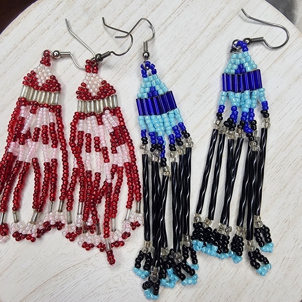 Glass Seed Bead Earrings.  Handmade Intricate Design. Vintage Two pair.